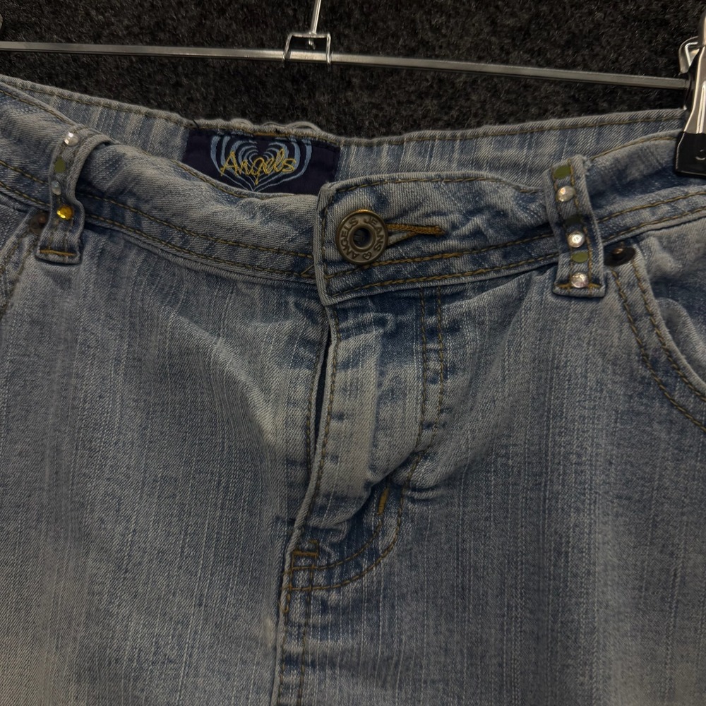 Angels Denim Mini Skirt Light Wash Floral Embroidered Sequin Size 34 Glam Y2K - Picture 6 of 12